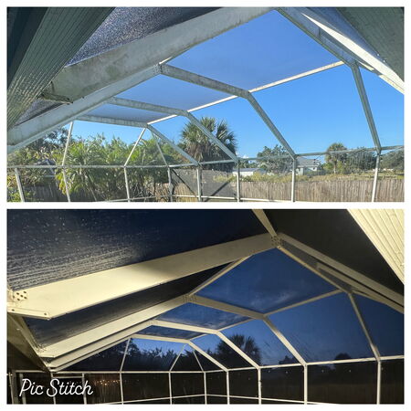 Before and after of a dirty screen cage soft wash